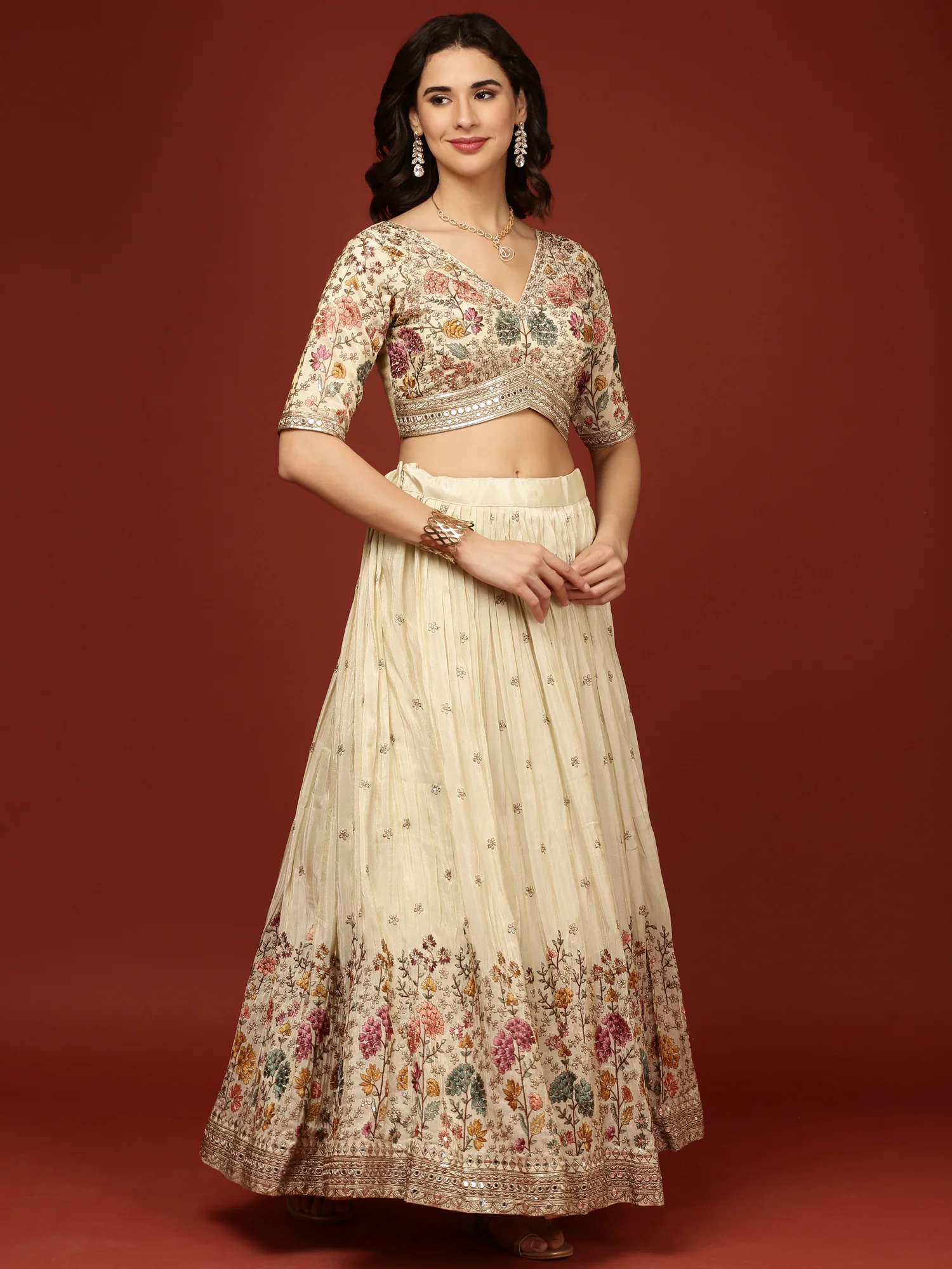 Beige Silk Floral Motifs Ghagra Set - Image 2