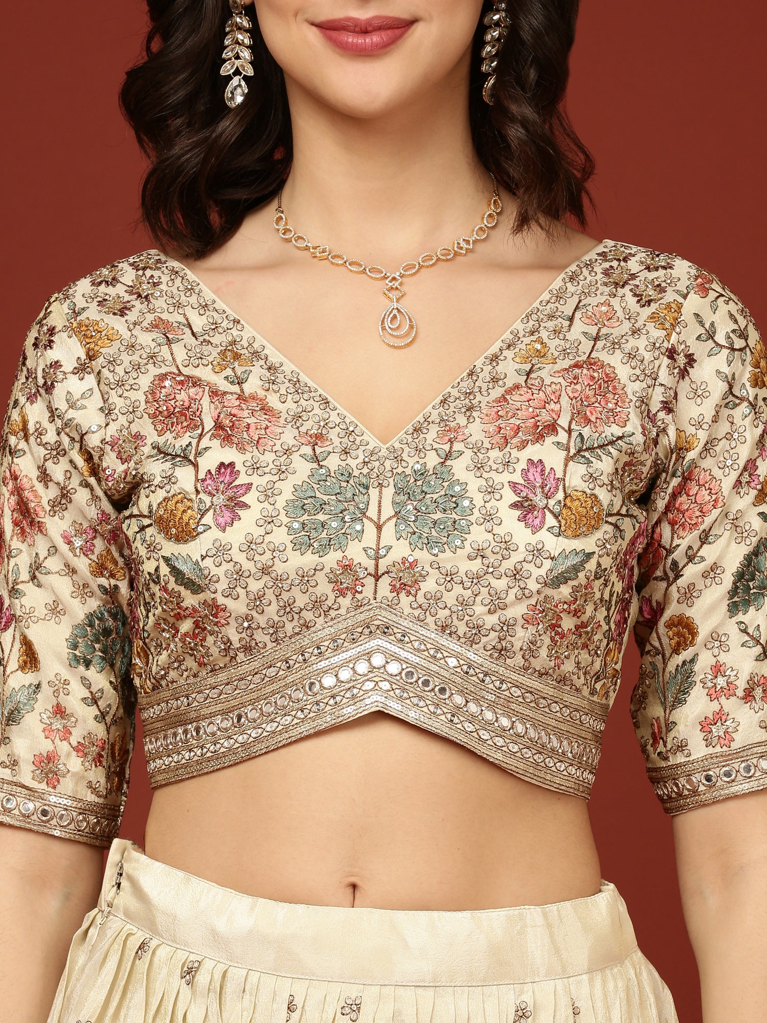 Beige Silk Floral Motifs Ghagra Set - Image 4