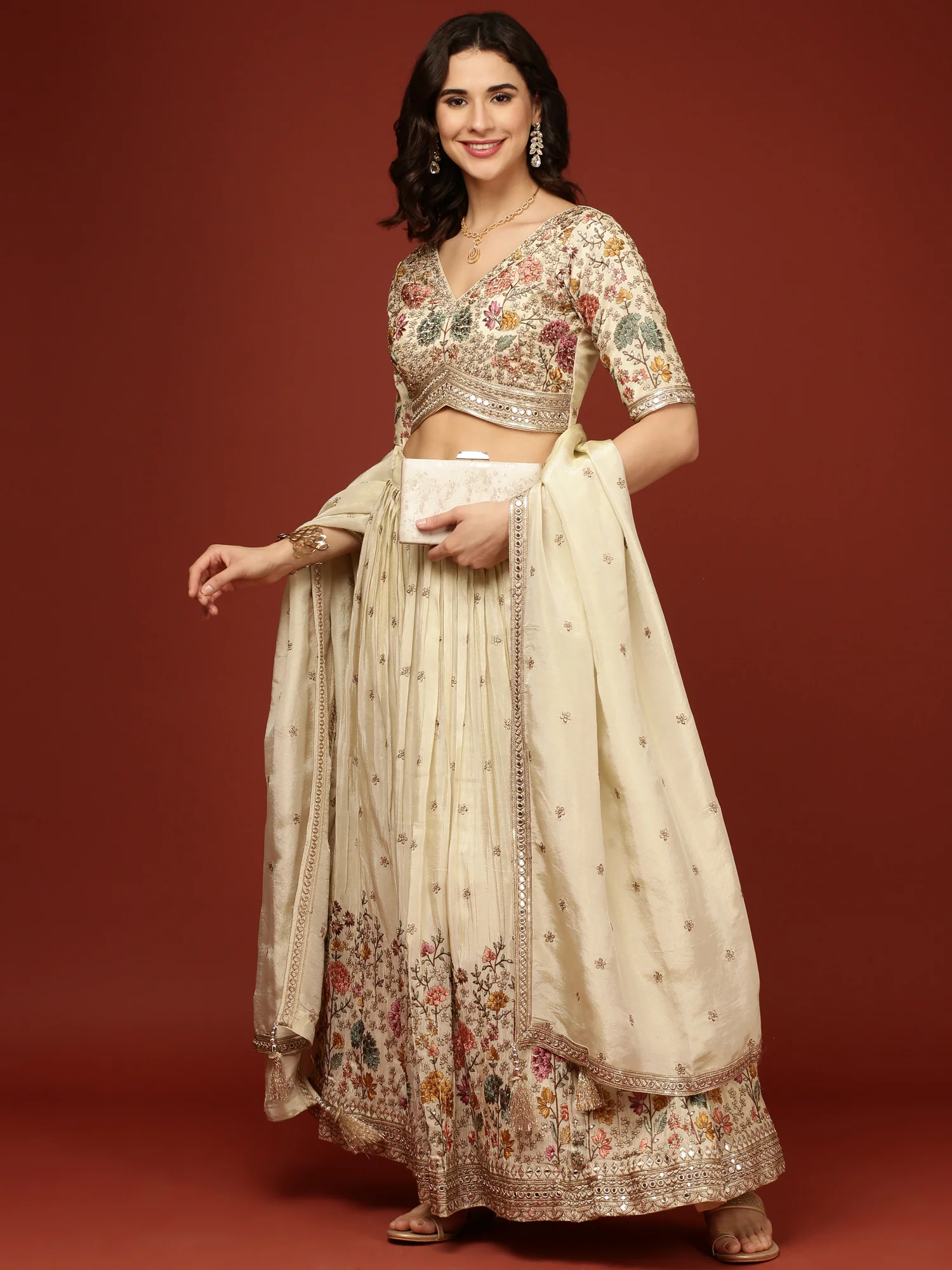 Beige Silk Floral Motifs Ghagra Set - Image 5
