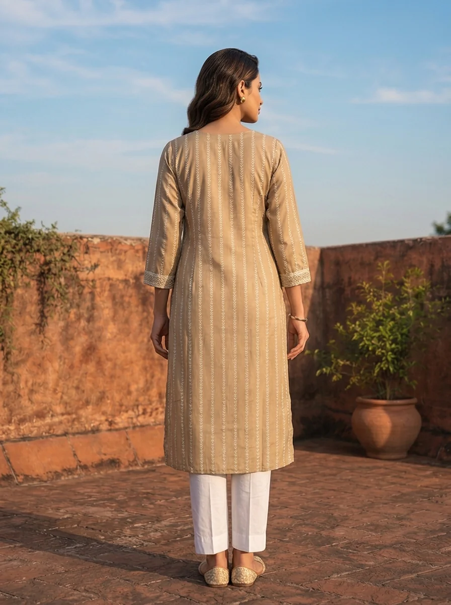 Beige Silk Vertical Stripes Printed Kurta - Image 2