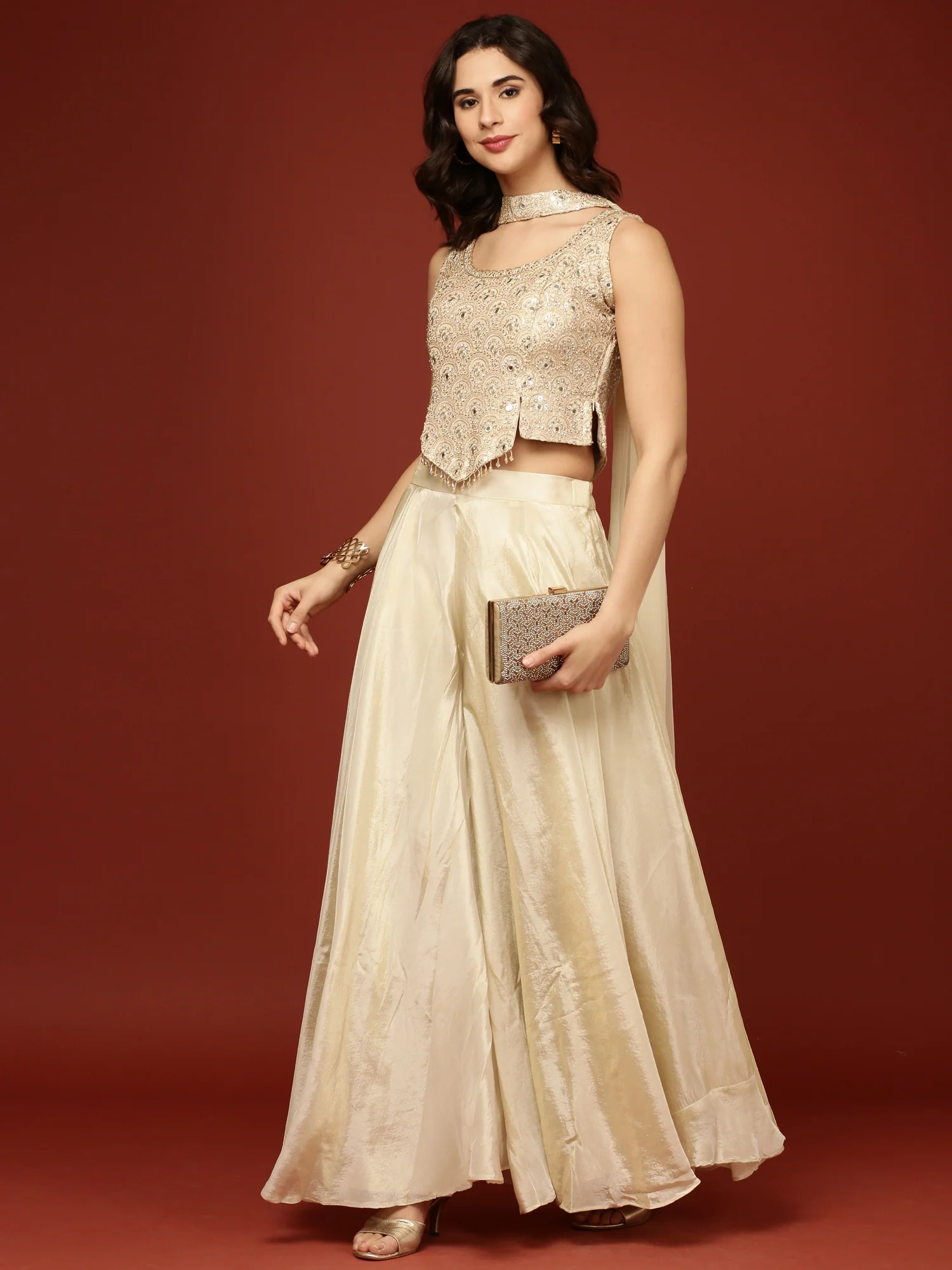 Beige Tissue Crop Top Palazzo Set - Image 6