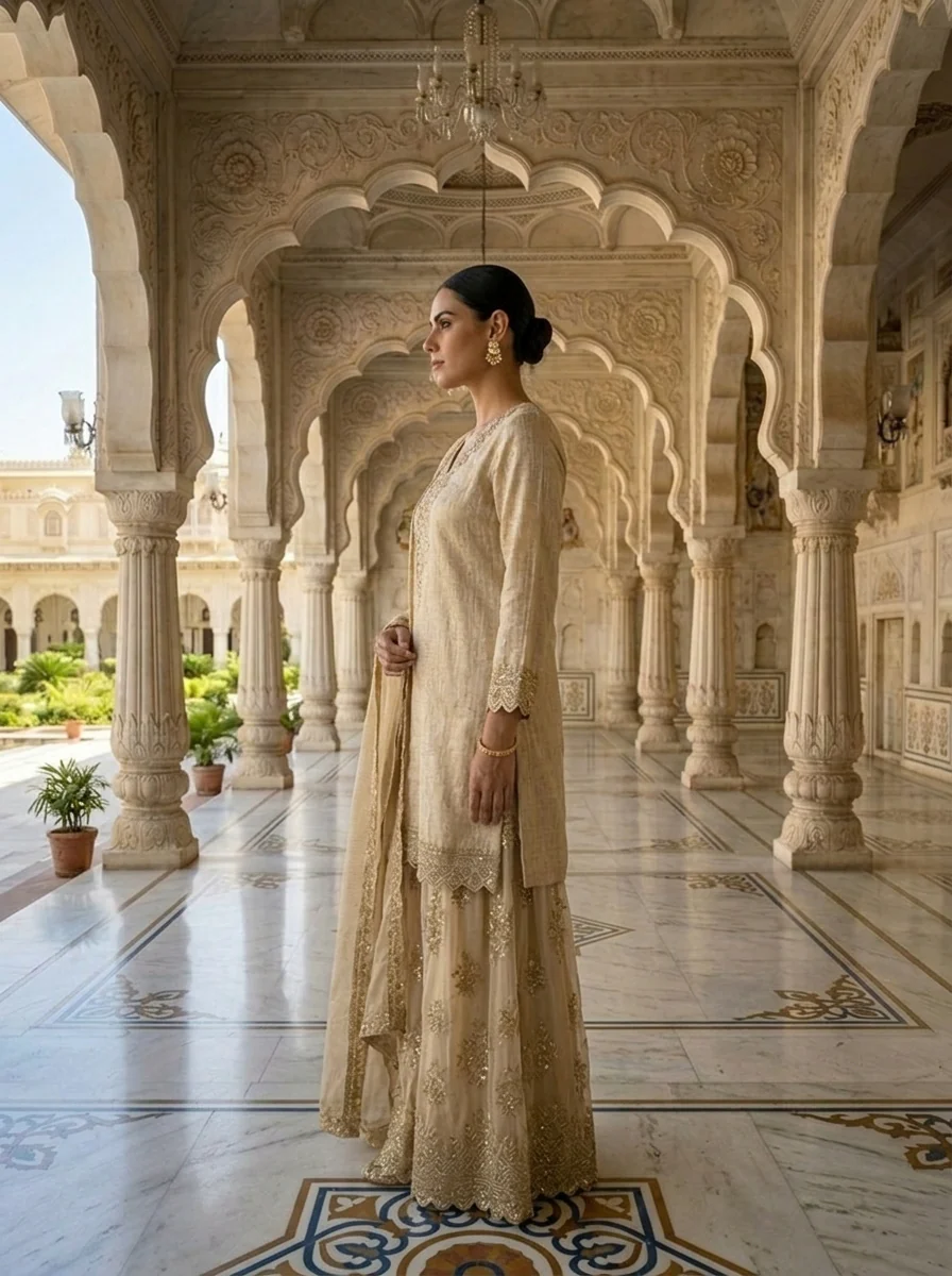 Beige Tissue Sequins And Zari Embroidered Three Piece Set - Image 3
