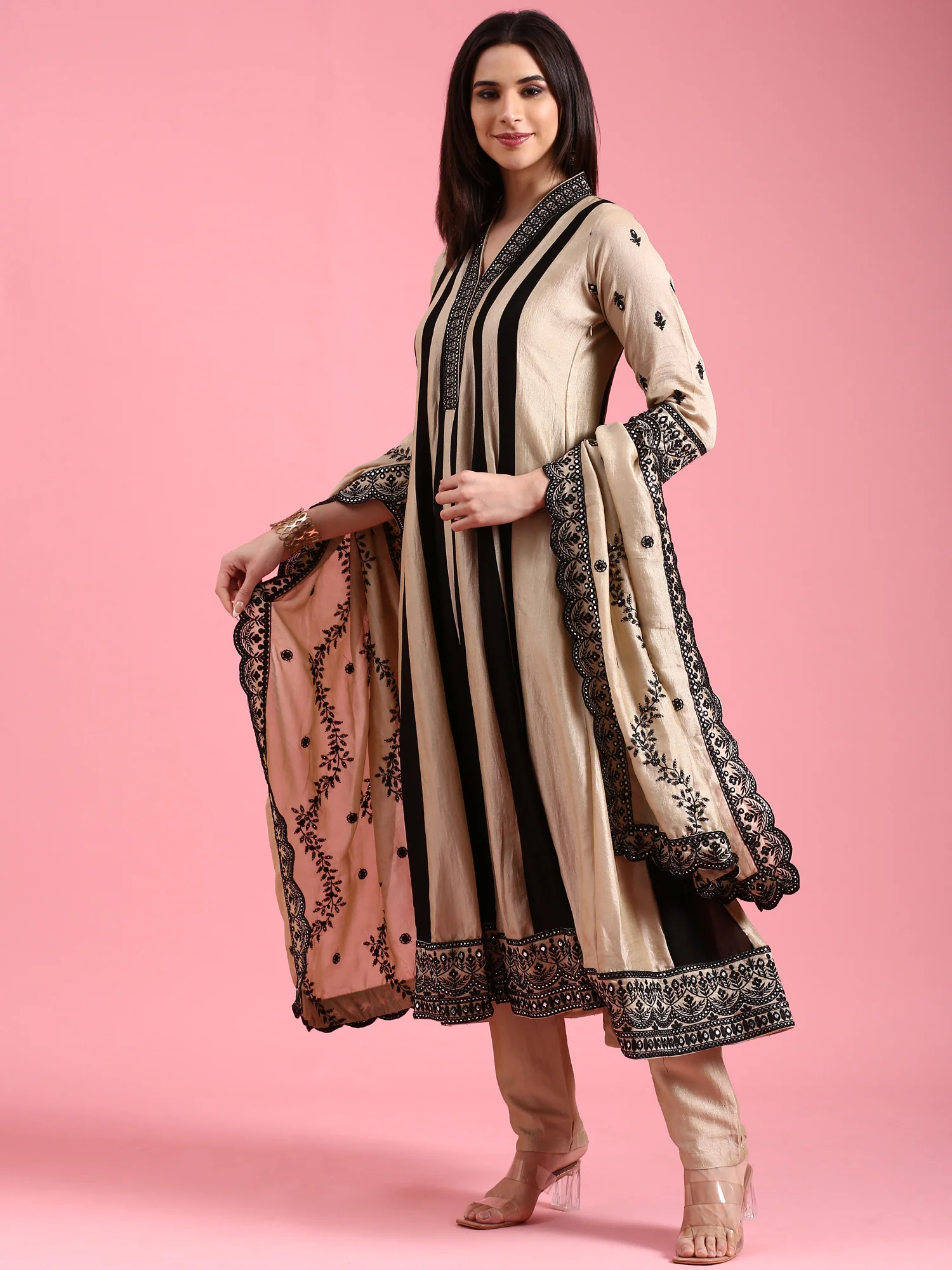 Beige Vichitra Silk Embroidered Short Kali - Image 6