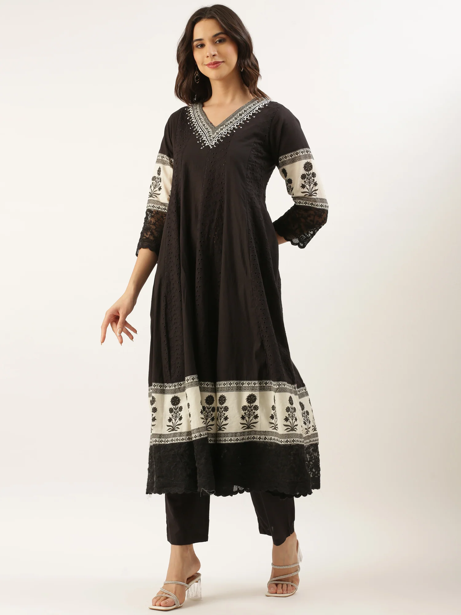 Black Chikan Anarkali Three Piece Suit Set - Image 3