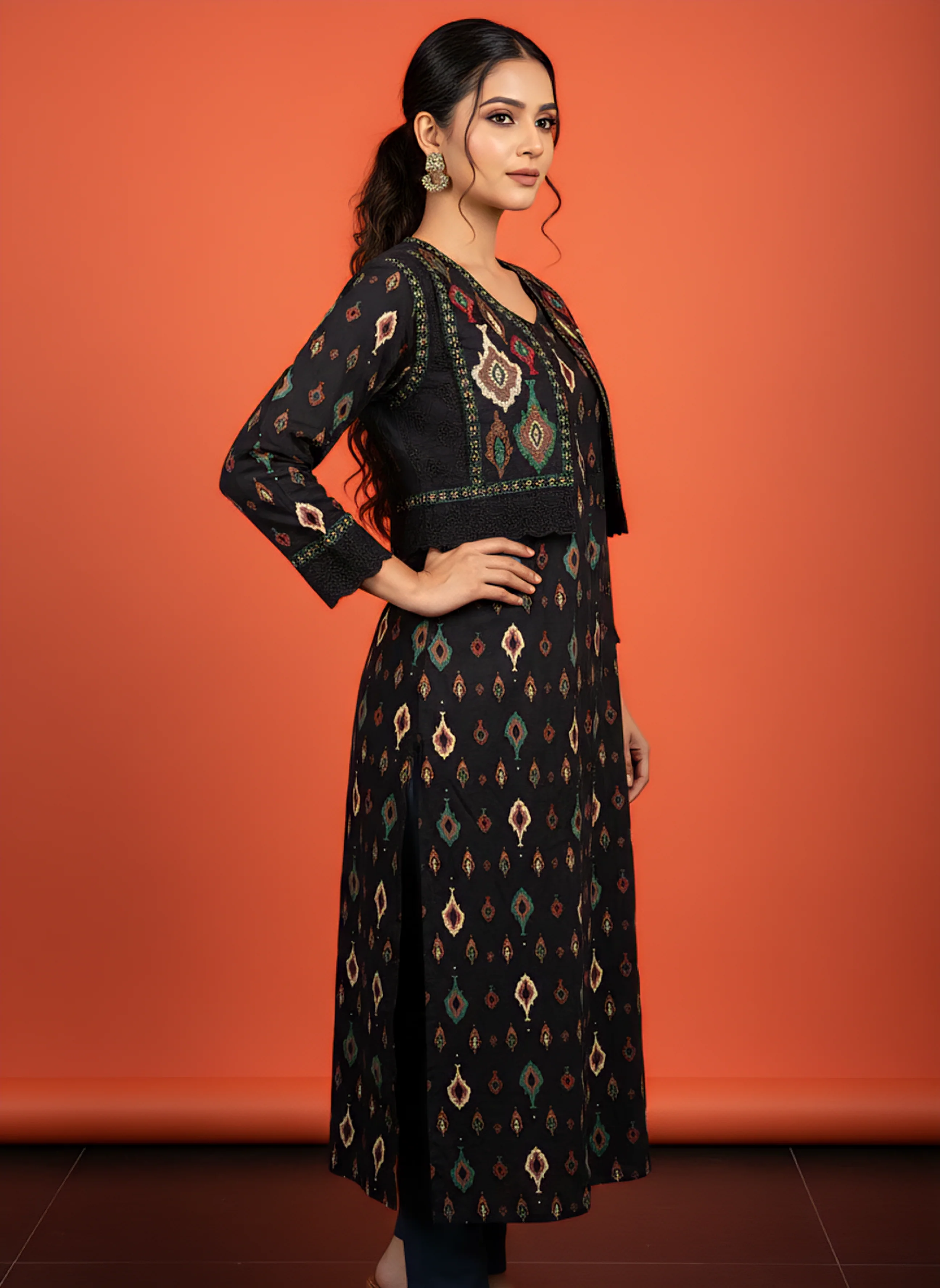 Black Cotton Digital Print Kurta - Image 2