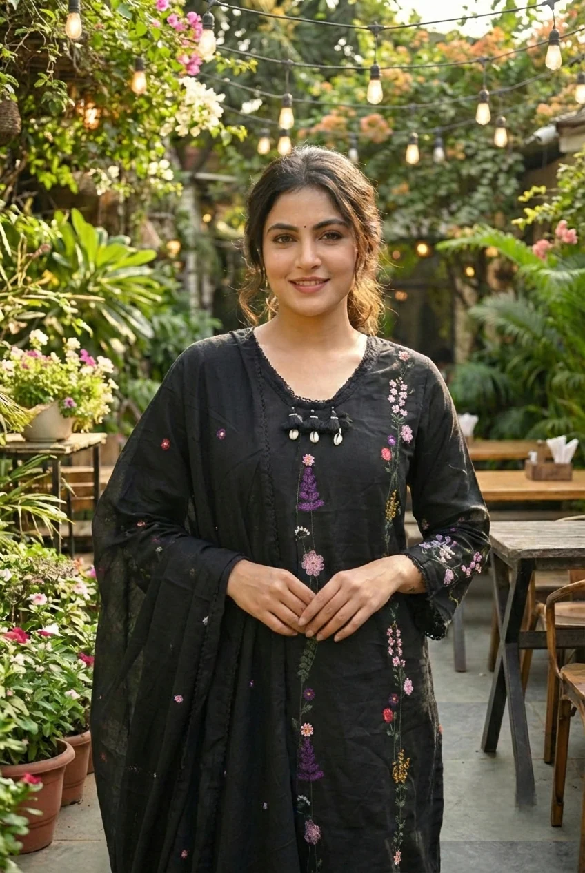 Black Cotton Floral Embroidery Three Piece Set - Image 5