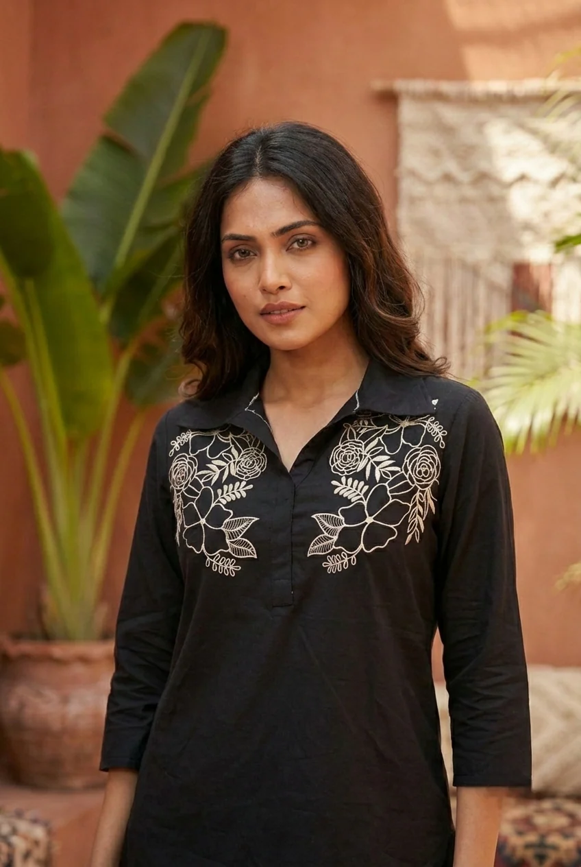 Black Cotton Floral Hand Embroidery Coord Set - Image 5