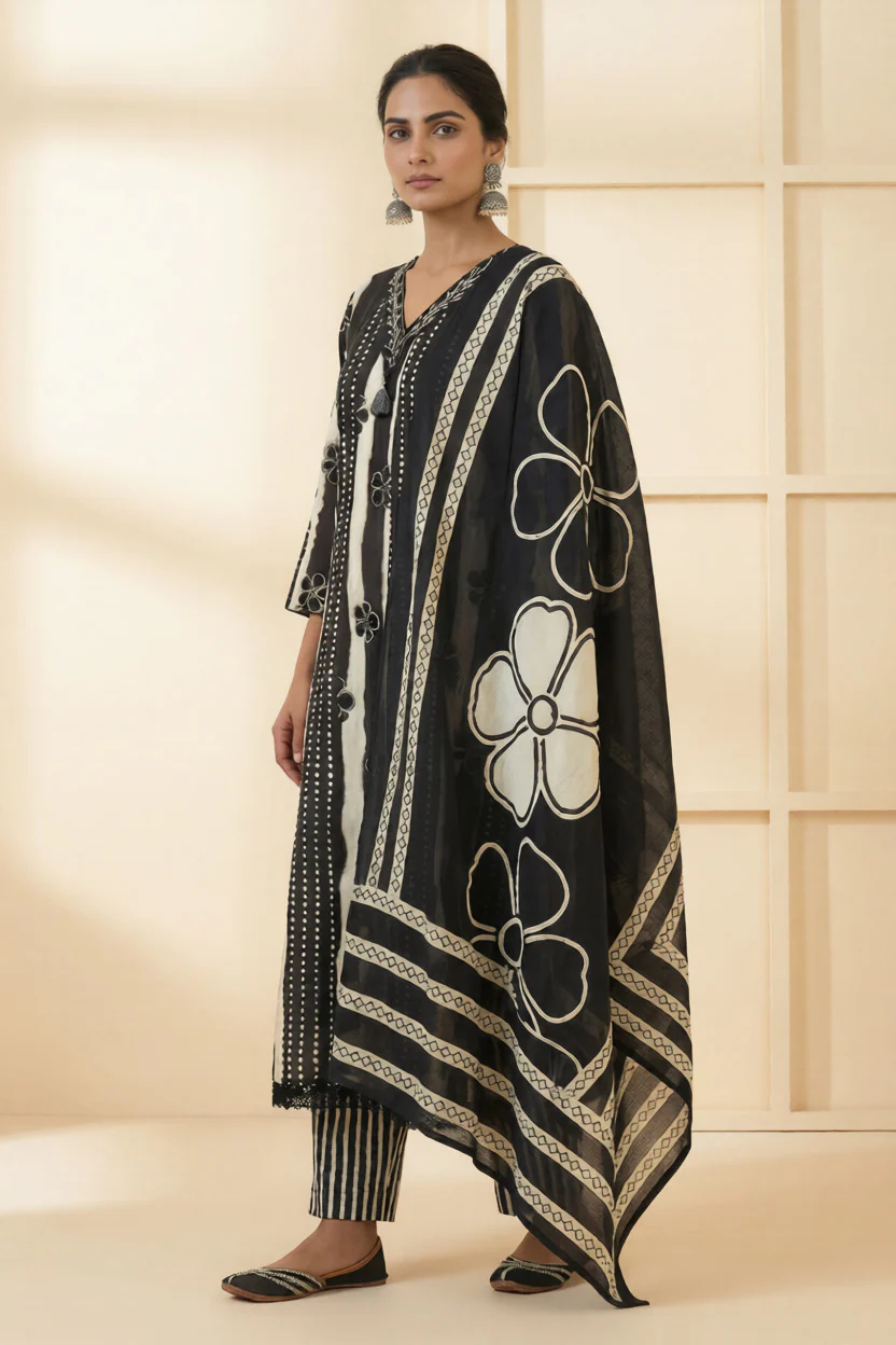 Black Cotton Floral Sequins And Hand Embroidery Suit Set - Image 2