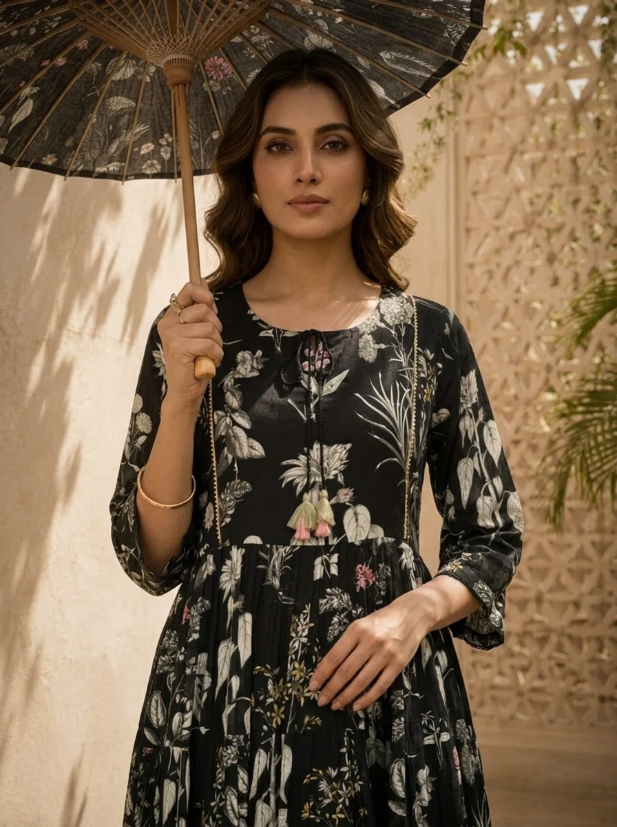 Black Cotton Heavy Floral Printed Three Piece Set - Image 5