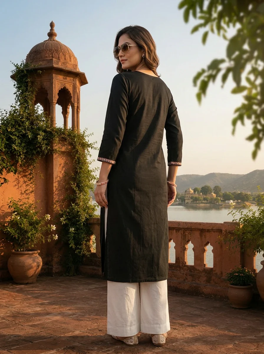 Black Cotton Multi Color Foil Mirror Embroidery Kurta - Image 2