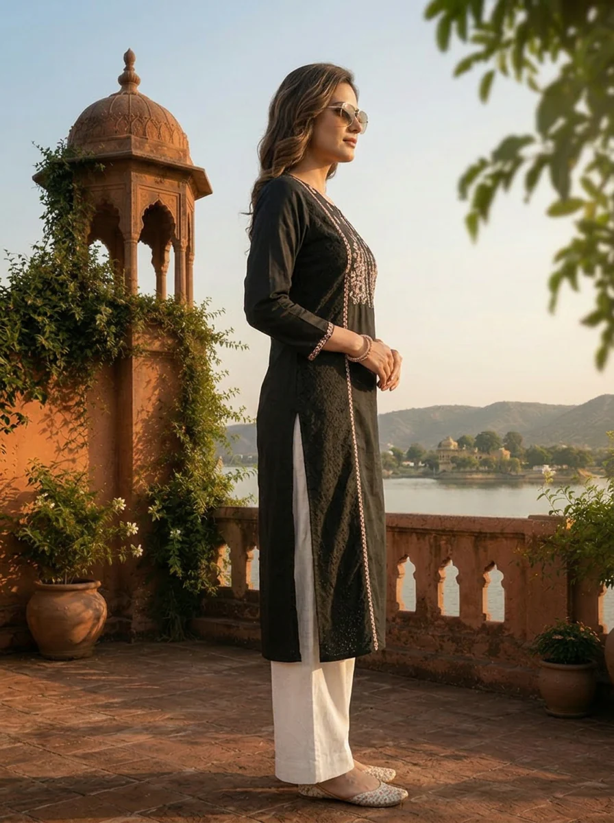 Black Cotton Multi Color Foil Mirror Embroidery Kurta - Image 3