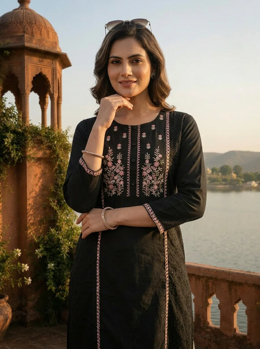 Black Cotton Multi Color Foil Mirror Embroidery Kurta - Image 4