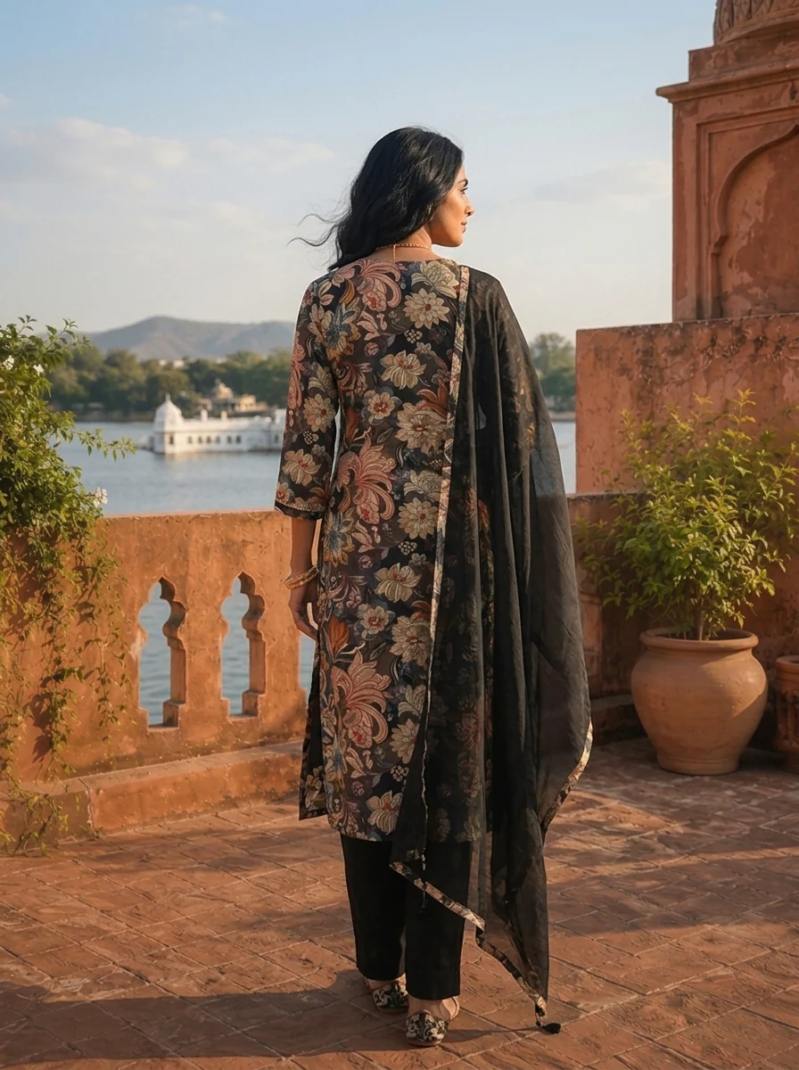 Black Cotton Vintage Floral Printed Three Piece Set - Image 2