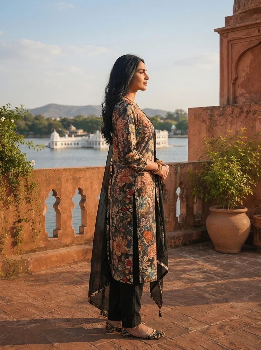 Black Cotton Vintage Floral Printed Three Piece Set - Image 3