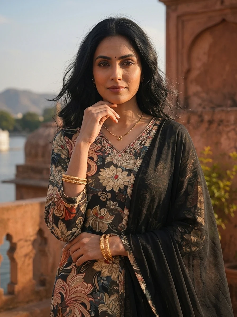 Black Cotton Vintage Floral Printed Three Piece Set - Image 4