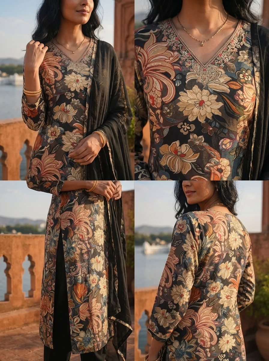 Black Cotton Vintage Floral Printed Three Piece Set - Image 5