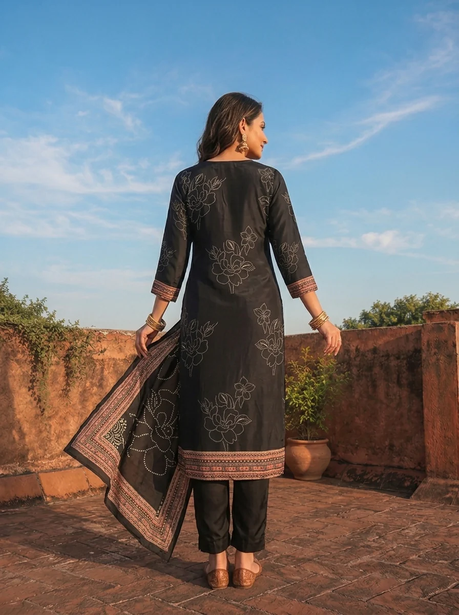 Black Crepe Botanical Motif Printed Three Piece Set - Image 2