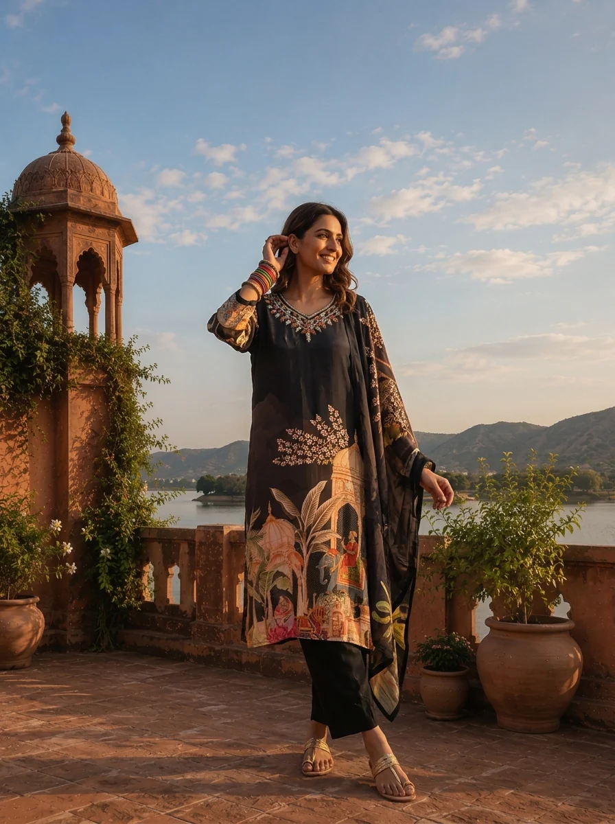 Black Crepe Mughal Darbar Digital Printed Three Piece Set
