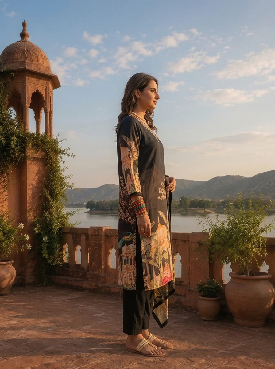 Black Crepe Mughal Darbar Digital Printed Three Piece Set - Image 3