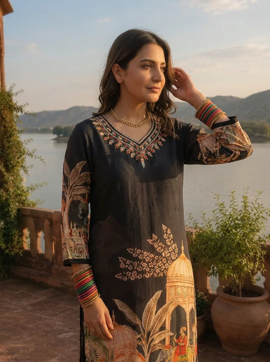 Black Crepe Mughal Darbar Digital Printed Three Piece Set - Image 4