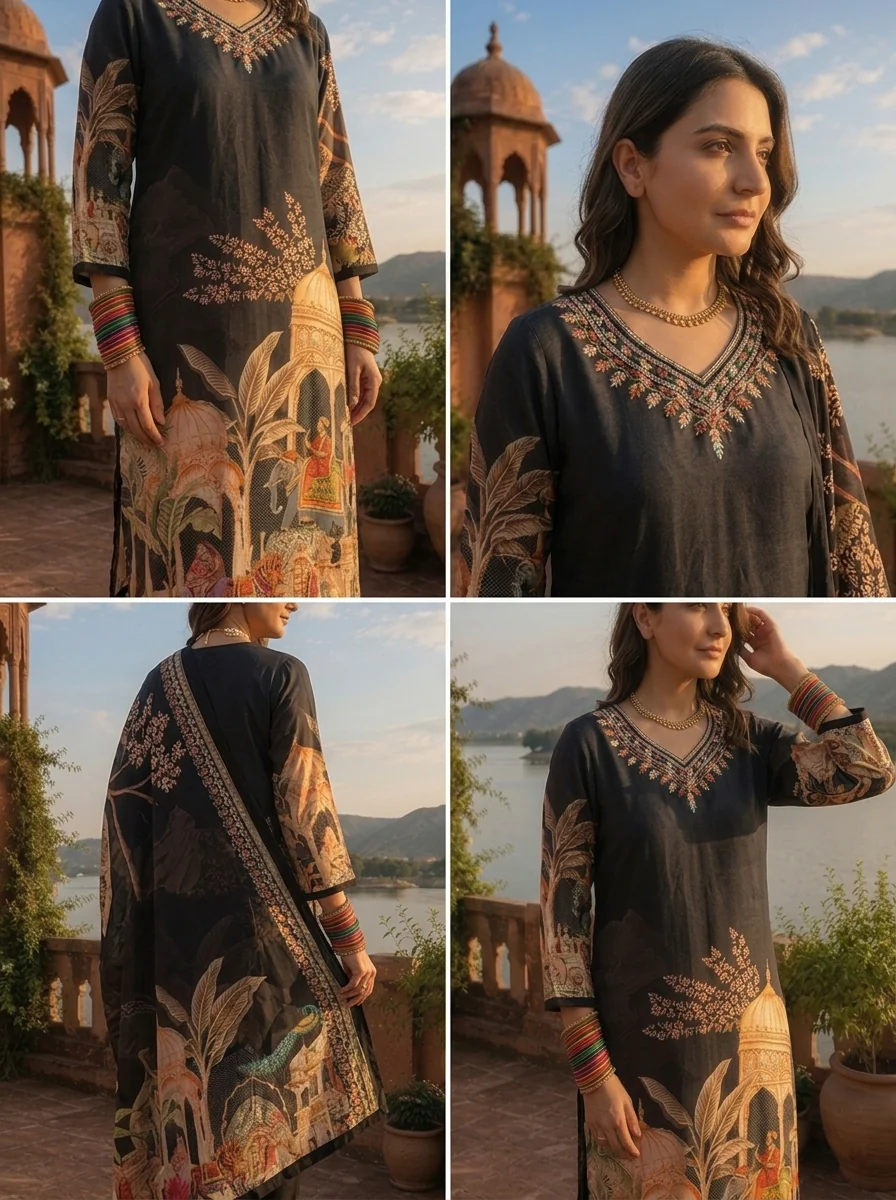 Black Crepe Mughal Darbar Digital Printed Three Piece Set - Image 5