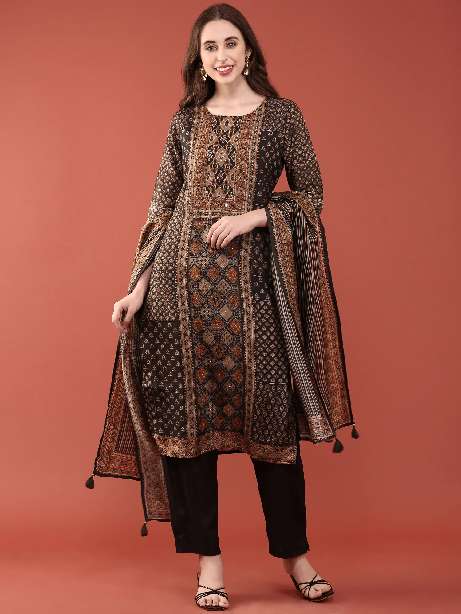 Black Dola Silk Digital Print Three Piece Set - Image 5