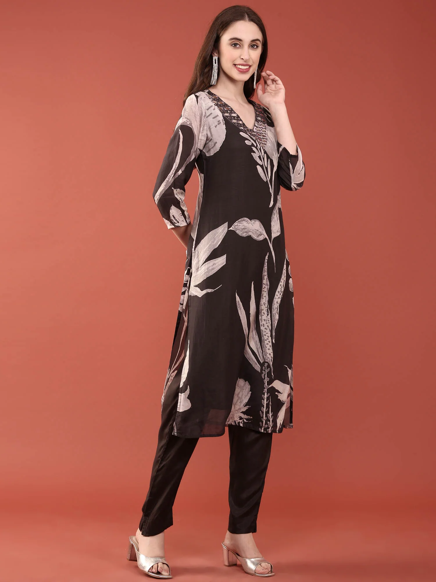 Black Dola Silk Digital Print Three Piece Set - Image 2