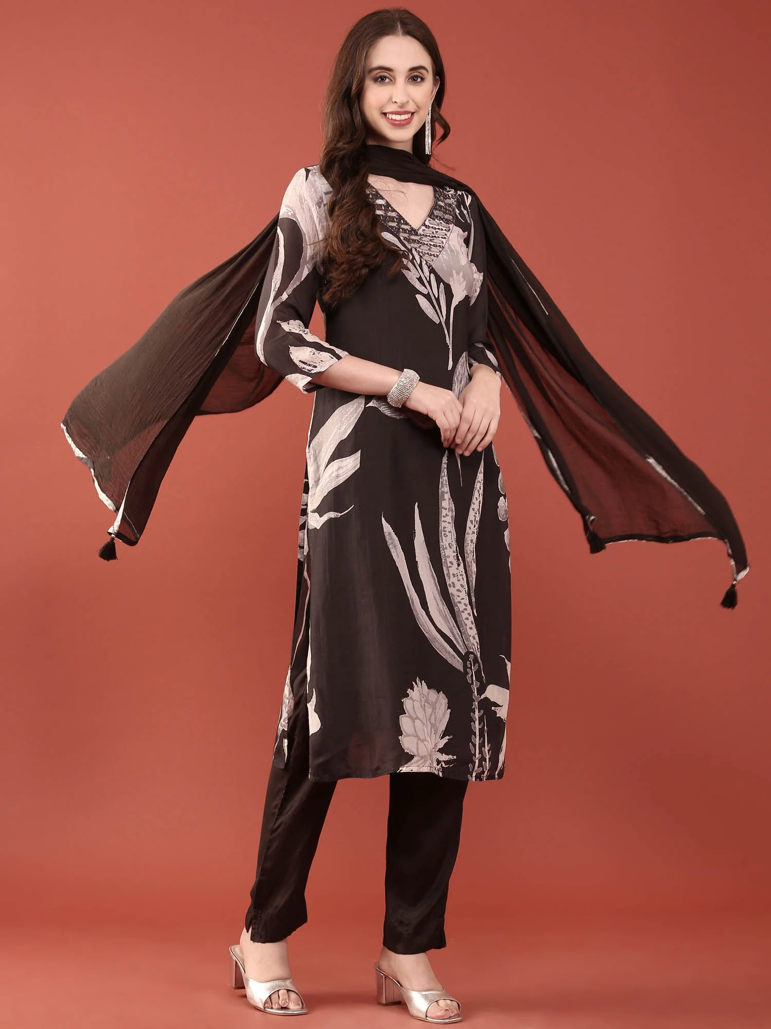 Black Dola Silk Digital Print Three Piece Set - Image 5