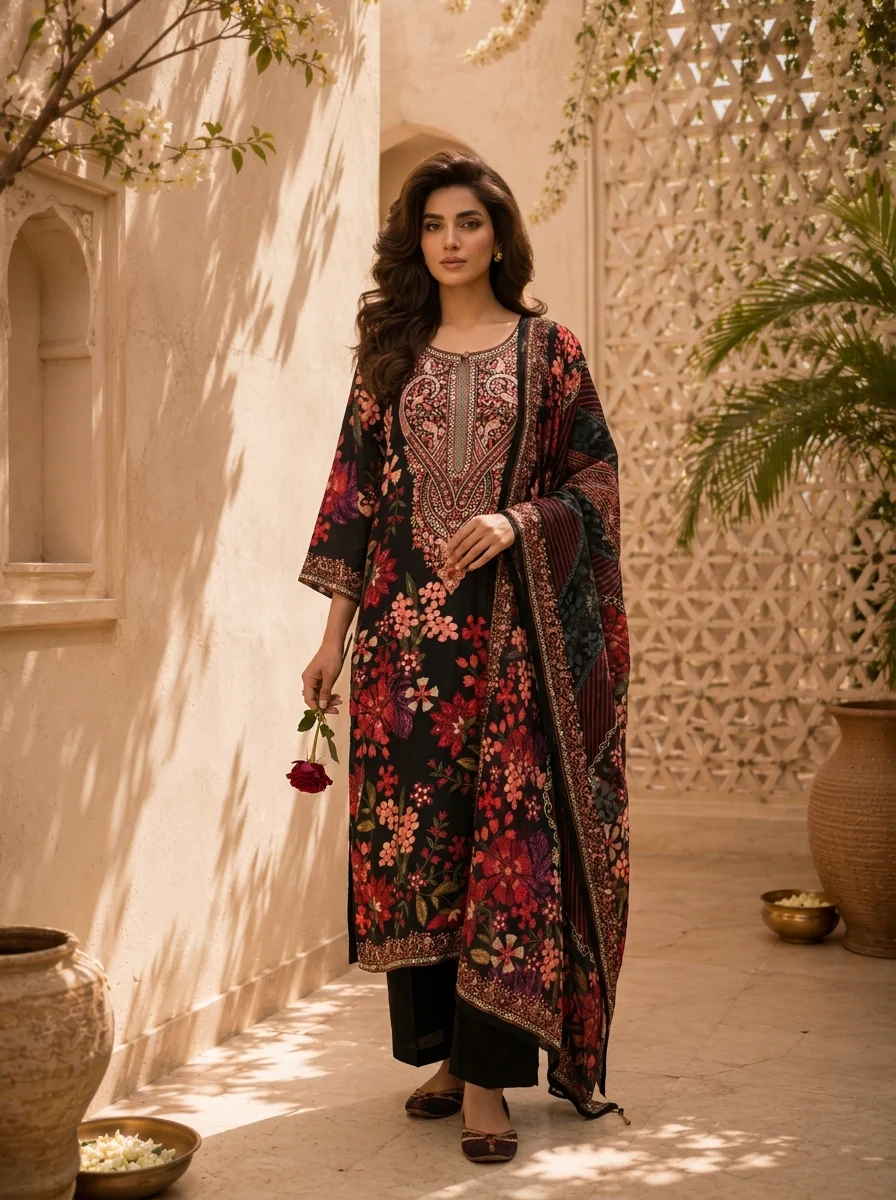 Black Floral And Paisley Printed Silk Three Piece Set - Image 2