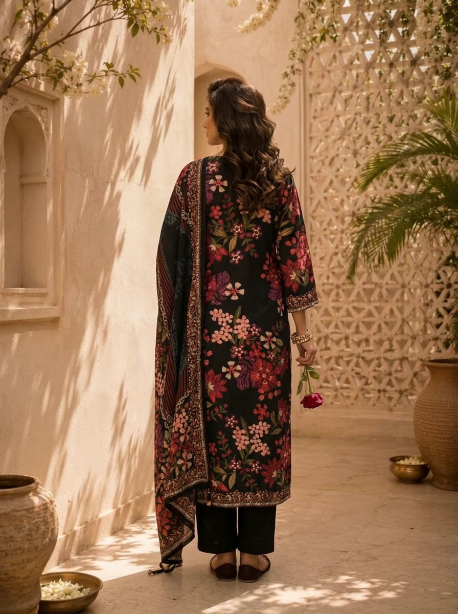 Black Floral And Paisley Printed Silk Three Piece Set - Image 3