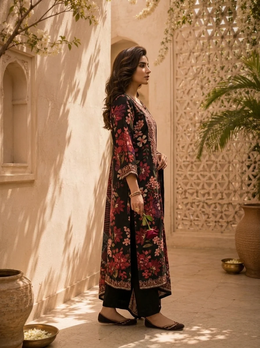 Black Floral And Paisley Printed Silk Three Piece Set - Image 4