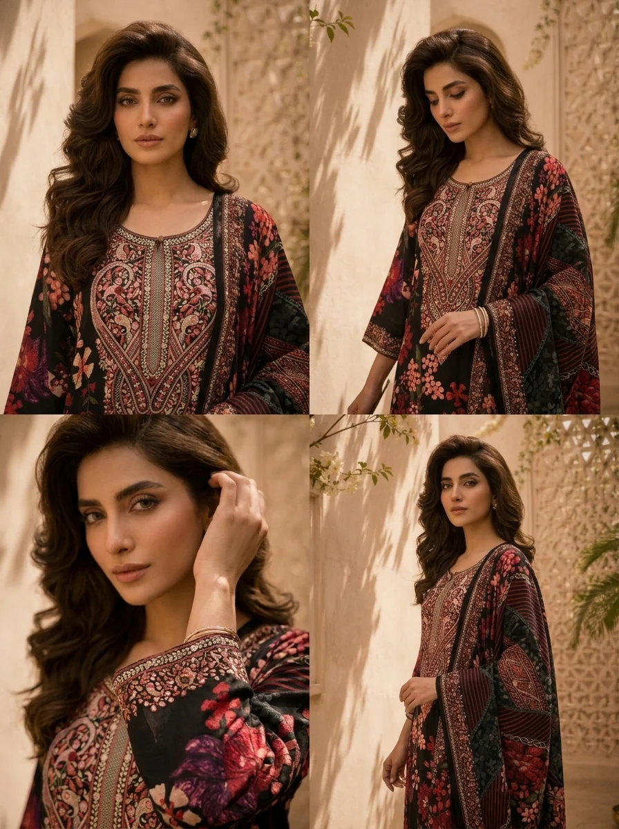 Black Floral And Paisley Printed Silk Three Piece Set - Image 6