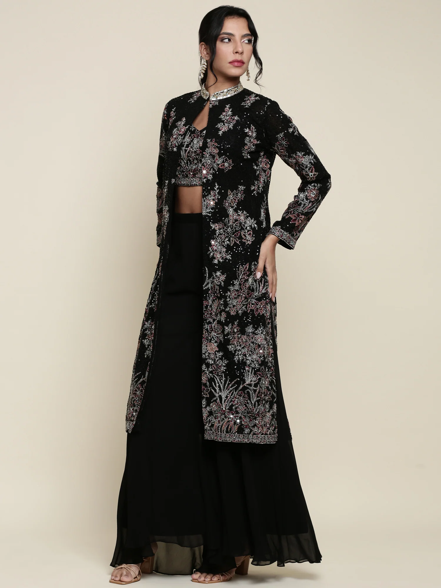 Black georgette embroidered crop top jacket and palazzo set - Image 5