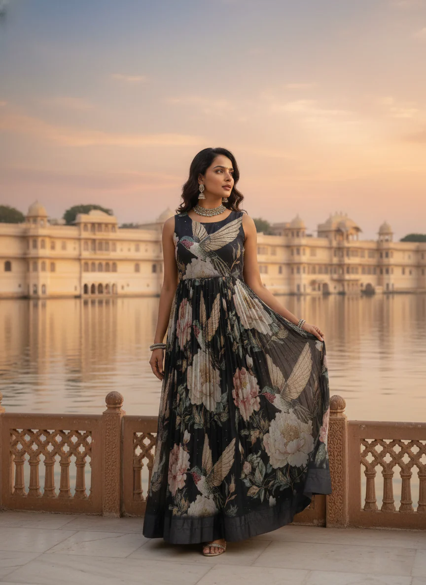 Black Georgette Floral Digital Print Long Dress - Image 2