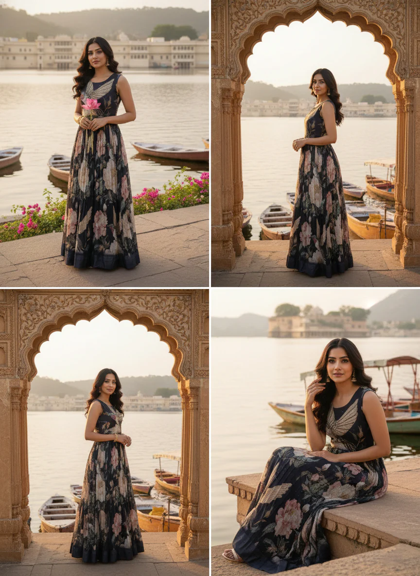 Black Georgette Floral Digital Print Long Dress - Image 4