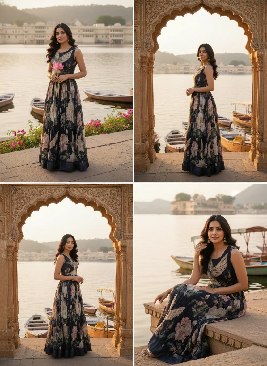 Black Georgette Floral Digital Print Long Dress - Image 5