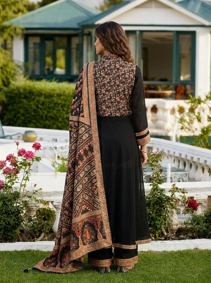Black Georgette Floral Printed Three Piece Set - Image 3