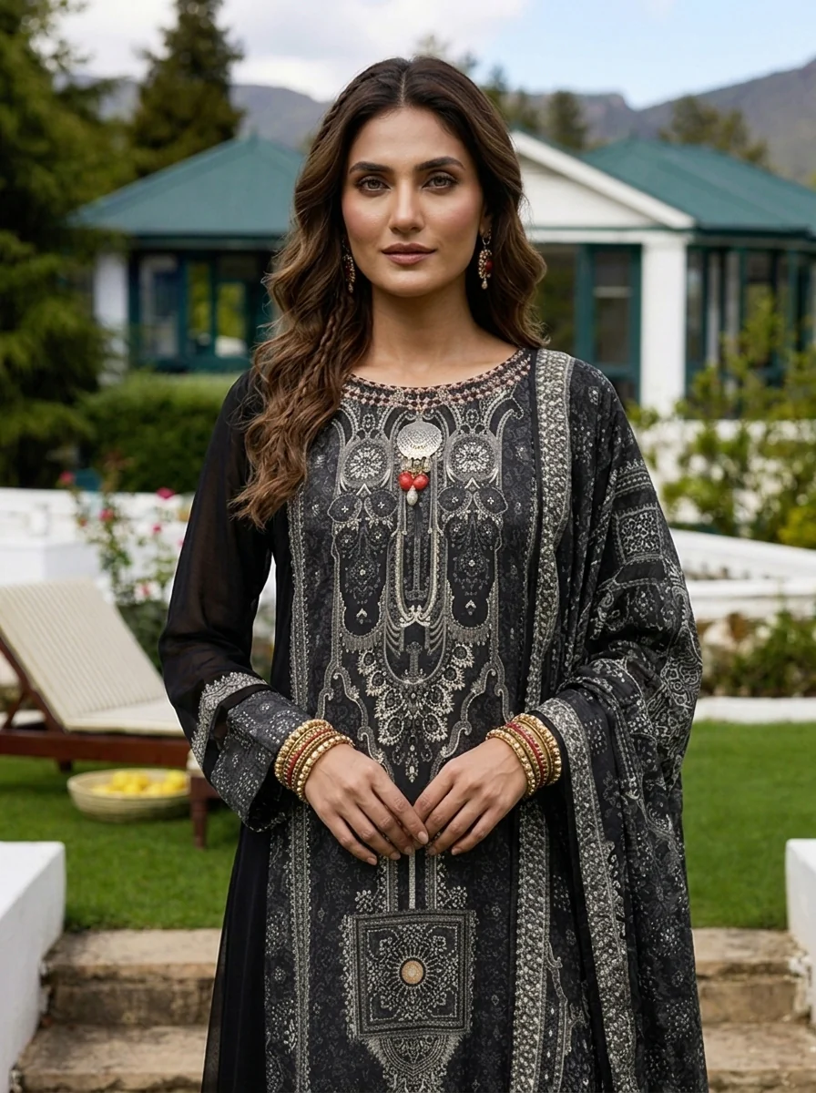 Black Georgette Mughal Printed Three Piece Set - Image 5
