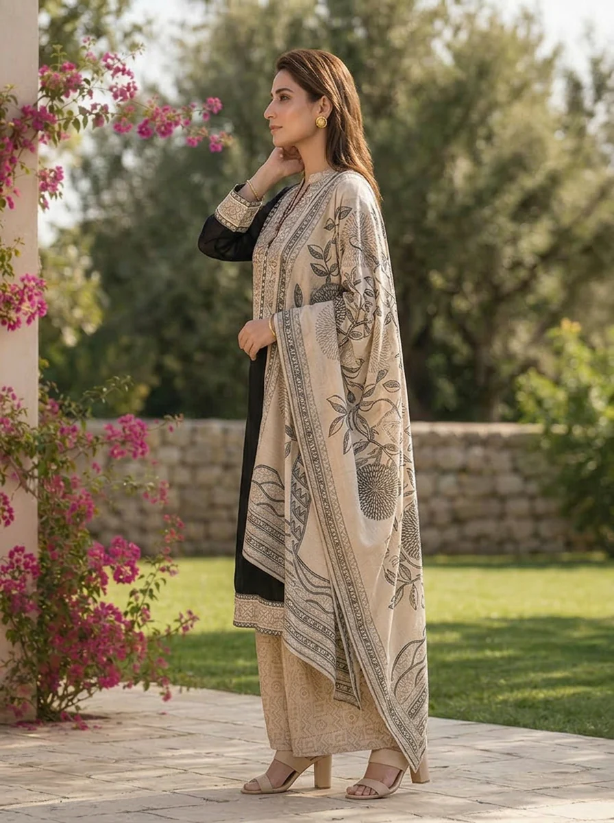 Black Georgette Patch Embroidered Three Piece Set With Printed Dupatta - Image 3