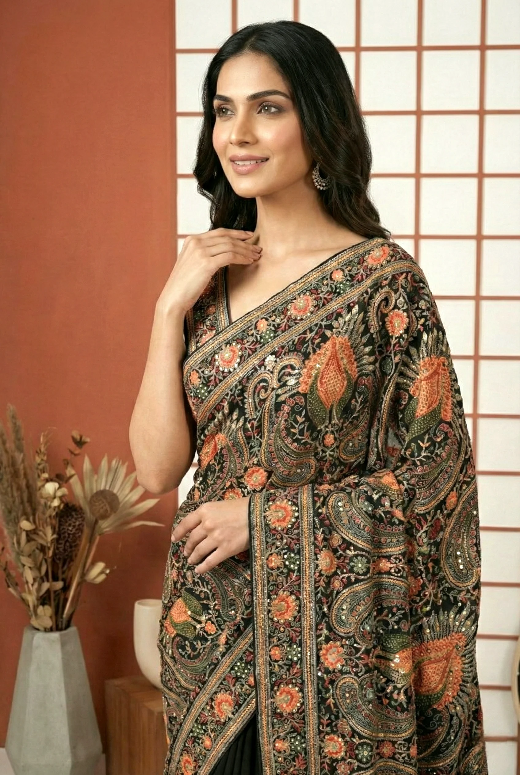 Black Heavy Paisley Zari Embroidered Organza Saree - Image 2