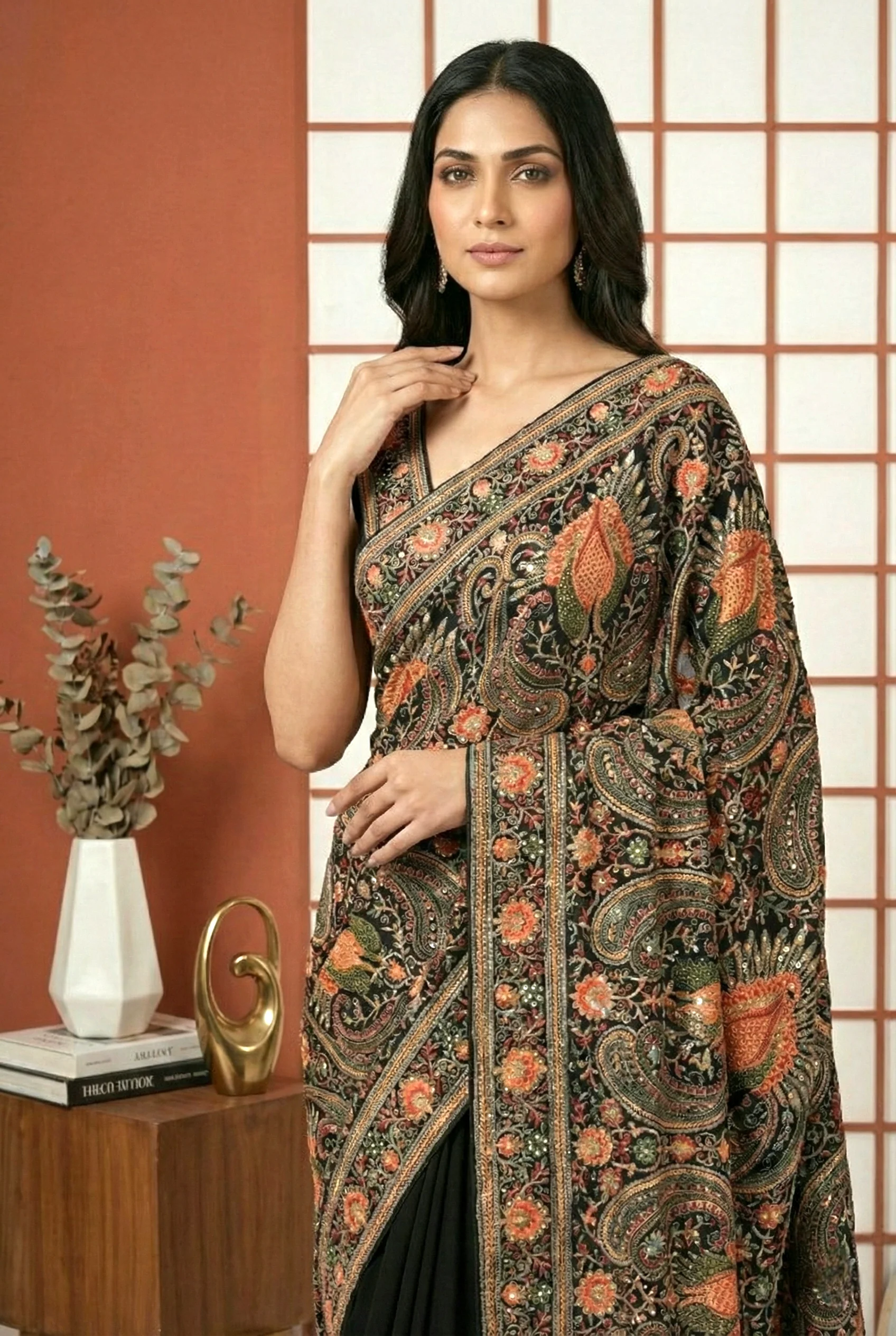 Black Heavy Paisley Zari Embroidered Organza Saree - Image 3