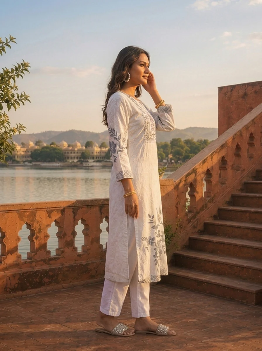 Black Muslin Floral Placement Printed Kurta - Image 4