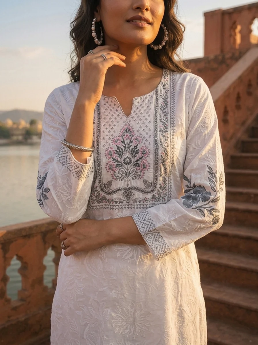 Black Muslin Floral Placement Printed Kurta - Image 5