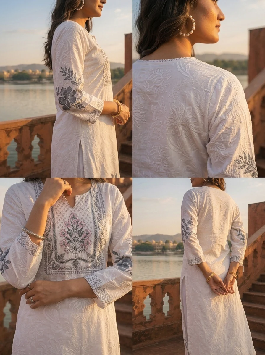 Black Muslin Floral Placement Printed Kurta - Image 6