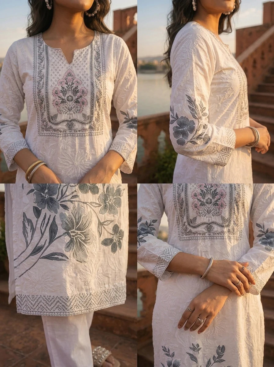 Black Muslin Floral Placement Printed Kurta - Image 7