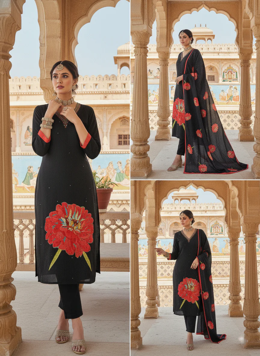 Black Muslin Floral Printed Three Piece Set - Image 6