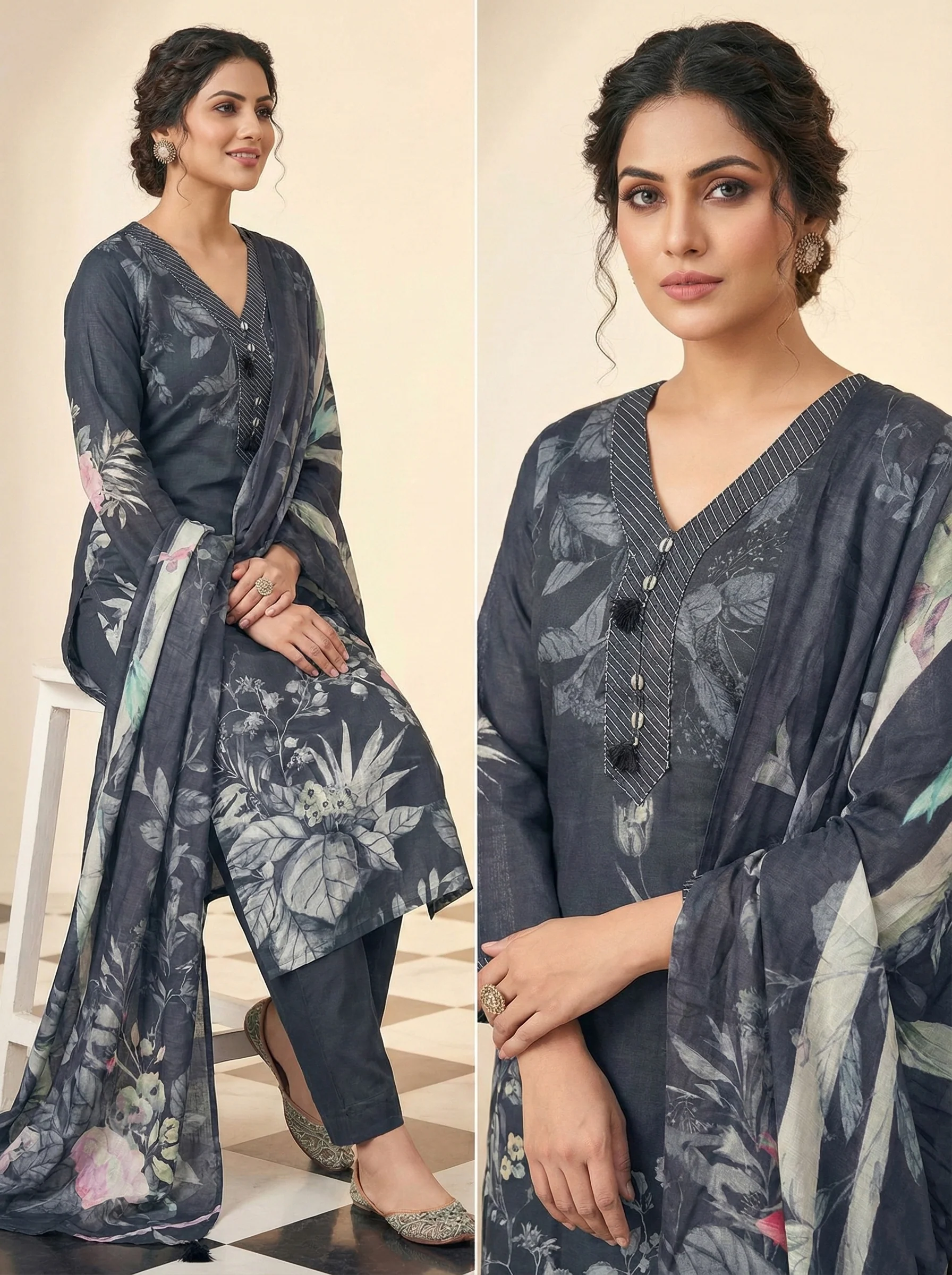 Black Muslin Floral Printed Three Piece Set - Image 3