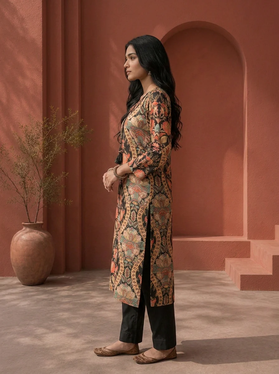Black Muslin Multi Mughal Jaal Printed Two Piece Set - Image 3