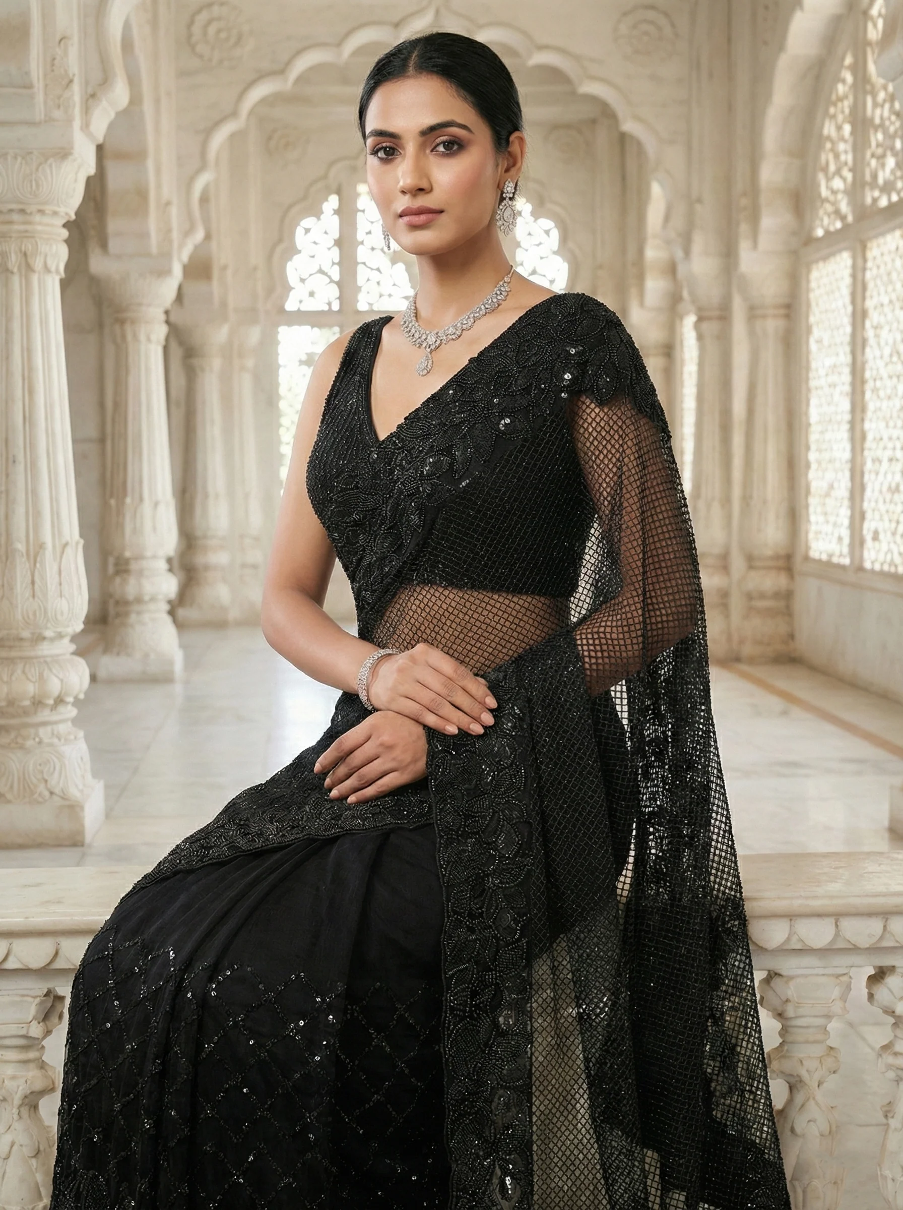 Black Net Heavy Floral Sequins And Beads Saree With Readymade Blouse - Image 3