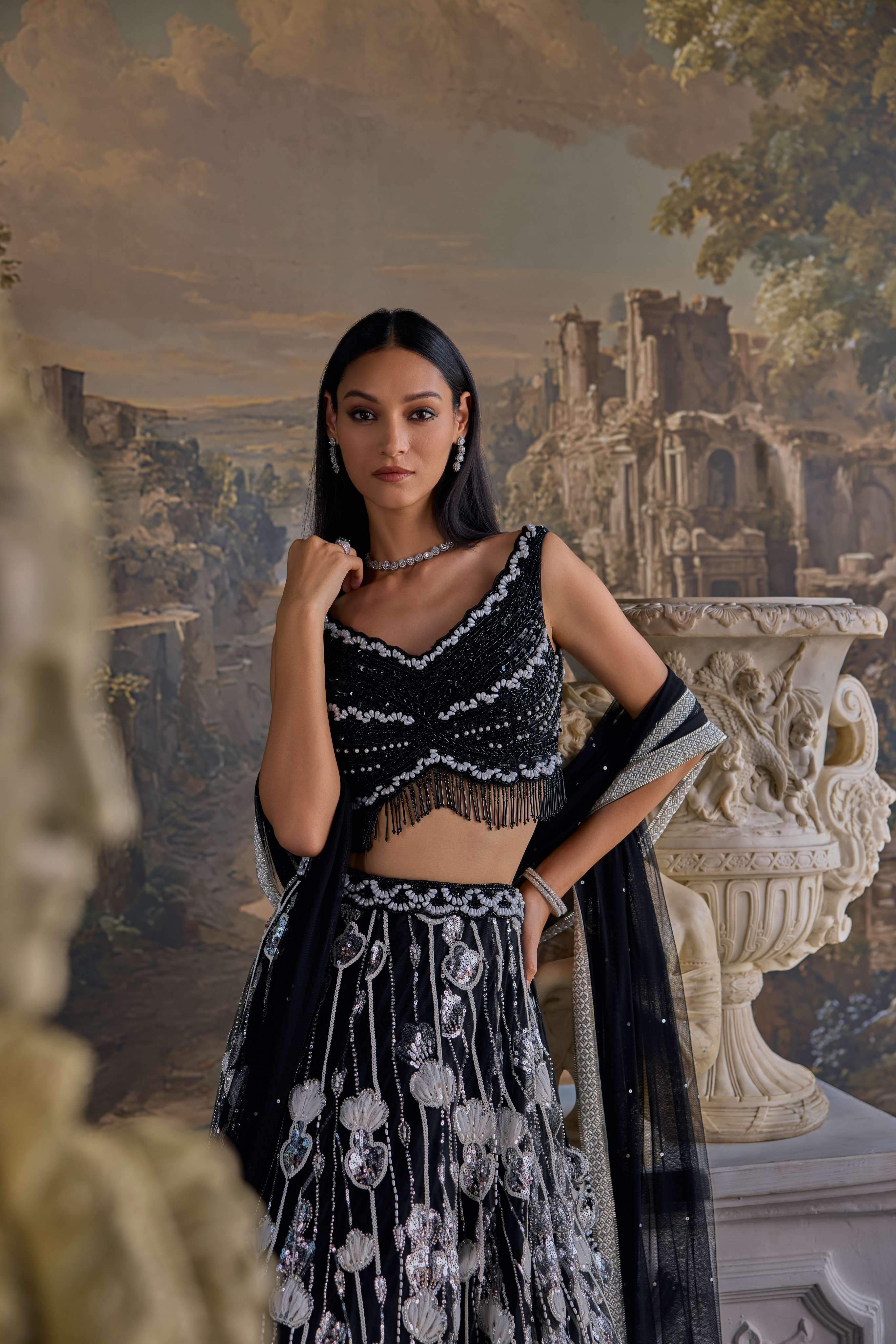 Black Net Heavy Hand Embroidered Ghagra Set - Image 3